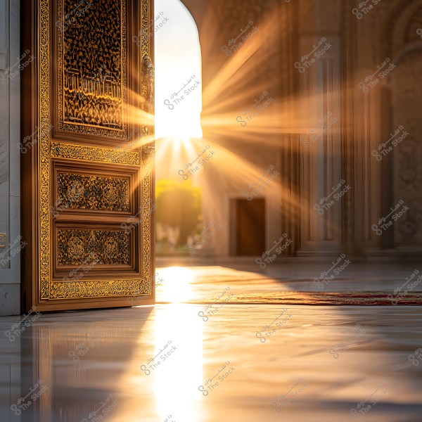 The image shows a beautifully ornate door partially open, allowing golden sunlight to pour into what appears to be an interior space, possibly a place of worship or mosque. The door is adorned with intricate carvings and Islamic motifs, while the light reflects on a shiny floor, adding an aura of spirituality and peace.
