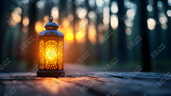 A decorative lantern illuminated sits on a wooden surface in a forest at sunset. The lantern emits a warm glowing light, with blurred trees in the background against the hues of the setting sun.