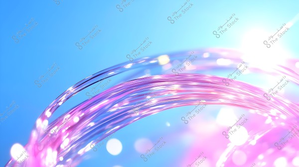 The image shows glowing optical fibers in pink and purple hues, shimmering and reflecting in the light. The background is a bright blue, and the ends of the fibers appear abstract and whimsical, with lighting effects that add a sense of movement and radiance.
