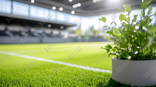 An image of a bright indoor football stadium, featuring a white pot with lush green plants in the foreground. The stadium has vibrant green grass with overhead lights illuminated and white lines marking part of the field. Shaded stands and glass windows allow daylight to pour in from the background.