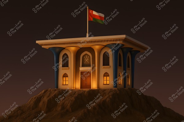 A uniquely designed building stands atop a hill. The structure features large blue and yellow columns, ornate windows, and the flag of Oman fluttering on the rooftop.