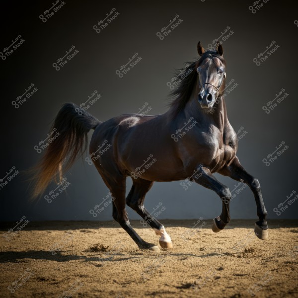 Image of a beautiful dark bay horse with long, dark mane, energetically running on sandy ground. The horse is captured in motion with its tail flowing in the air against a dark grey background that enhances its elegance.