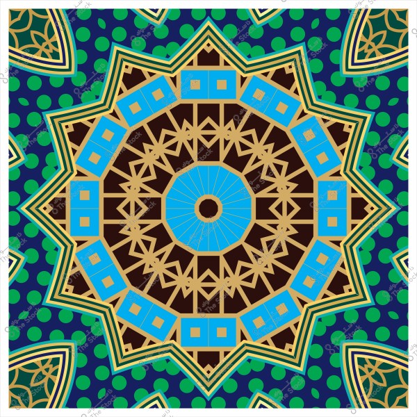 نمط هندسي إسلامي ملون بألوان الأزرق والأخضر والبني مع تفاصيل ذهبية تشكل تصميمًا معقدًا.