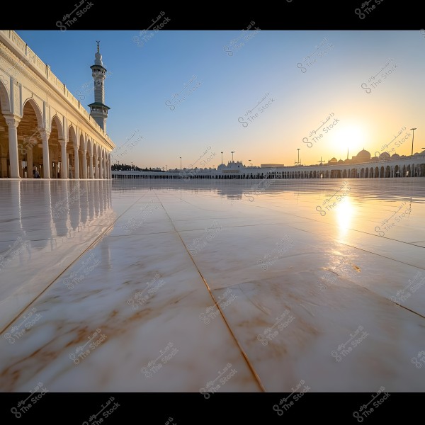 A large courtyard of a mosque adorned with shiny white marble under the setting sun. On the left, there are rows of white columns and arches, with a tall minaret visible. The skyline features prominent domes and open spaces, with the sunlight reflecting off the marble floor.