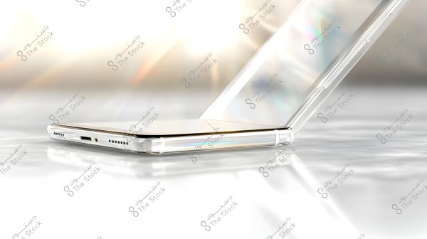 Image of a foldable smartphone placed on a shiny surface. The device is open at an angle, showing part of the see-through screen. The design is sleek and modern with metallic details, and the lighting creates a reflective glow in the background.