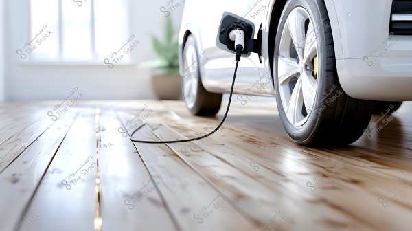A white electric car parked in a room with a shiny wooden floor. The car is connected to an electric charger, with the cable extending across the floor. The background is blurred with plants and natural light coming through a window.
