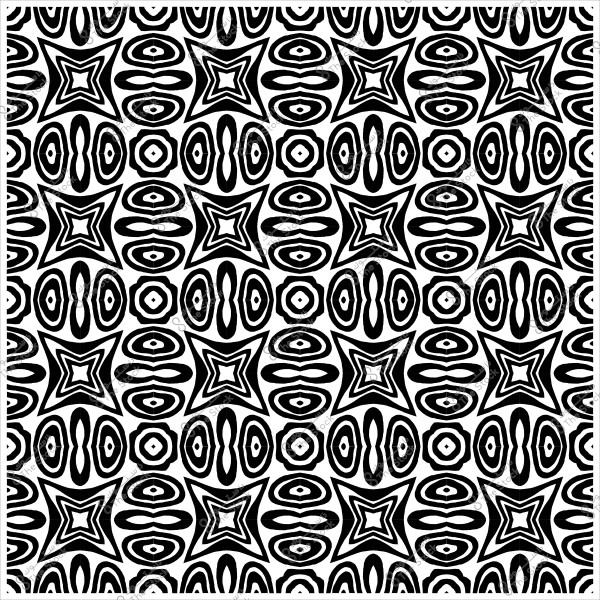 A repeating black and white geometric pattern featuring star shapes and circles.