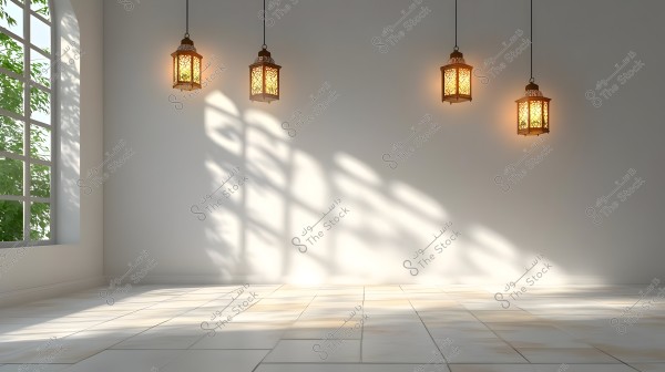 An image showing an interior room lit by four hanging lanterns against a white wall. Light streams in from a set of large arched windows on the left side, creating beautiful shadows on the tiled floor.