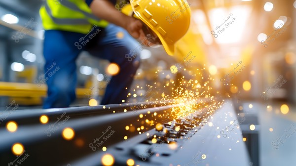 Image of a worker wearing a yellow safety helmet and a work vest performing welding in a factory. Orange sparks fly in the air as the worker focuses on their task. The background is slightly blurred, with warm lighting contributing to an industrial atmosphere.