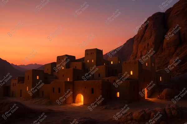 A traditional village built from mud bricks in a mountain valley at sunset. The village buildings are illuminated from within with warm yellow lights, giving them a magical and mysterious atmosphere. Mountains and rocks are seen in the background under an orange and pink sky reflecting the colors of the sunset.