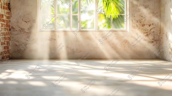 A spacious room with sunlight streaming through a white window, casting patterns of shadows on the concrete floor. The left wall features exposed, unpainted brickwork, while the back wall appears weathered in a light beige color. Green foliage is visible outside the window.
