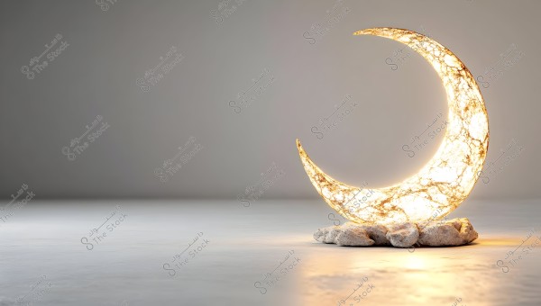 A sculpture of a glowing crescent light placed on a base made of a group of stones, set against a simple and neutral background.