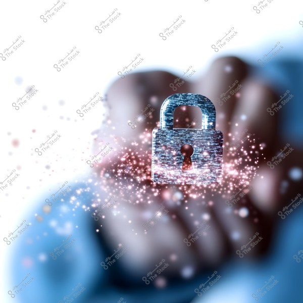 Image of a floating, glowing digital lock in front of a blurred hand, symbolizing digital security and privacy. The lock is surrounded by bright, sparkling visual effects against a blue and white background.