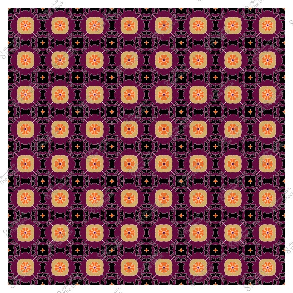 نمط هندسي مكون من مربعات تحتوي على تصميمات زهرية وبرتقالية وكريمية على خلفية داكنة.