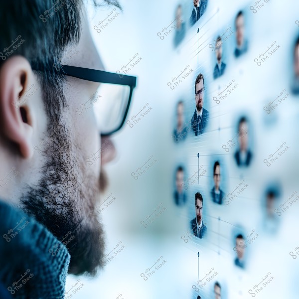 A man looking at a transparent screen displaying multiple photos of people wearing formal attire. The side profile of the man is visible, wearing glasses and winter clothing. The images are arranged in a grid-like pattern, suggesting a network or database display.