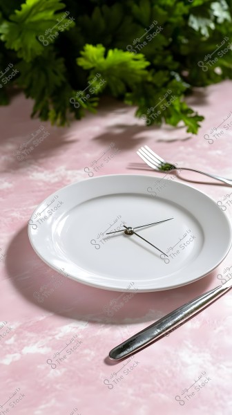 A white round plate set on a pink surface, featuring clock hands pointing like a clock. A metal fork and knife are visible near the plate. Green plant leaves are visible in the background.