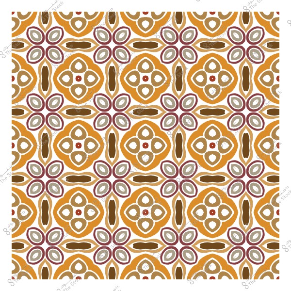 نمط زخرفي ملون يتكون من أشكال هندسية وزهرية بألوان برتقالية وبنية وزيتية.