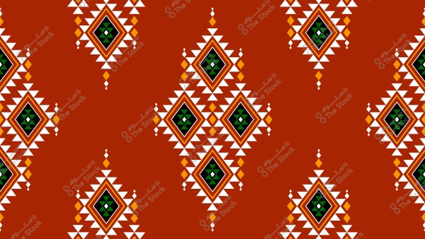 تصميم هندسي تقليدي على خلفية بنية داكنة, يتضمن عدة أشكال ماسية تمتد على طول الصورة. كل شكل ماسي يحتوي في داخله على نمط من الألوان الخضراء والبرتقالية والأبيض, مع أشكال صغيرة باللون الأبيض والبرتقالي تشكل مثلثات في المحيط.