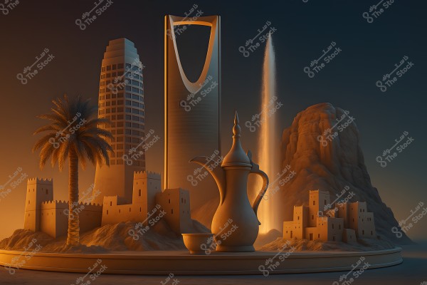 An image depicting a fantastical scene of iconic landmarks from Saudi Arabia. In the foreground, there is a traditional coffee pot and cup. In the background, the well-known Kingdom Tower in Riyadh is visible, along with a waterfall, a palm tree, and a traditional village. The scene is bathed in warm sunset colors, giving it a magical touch.