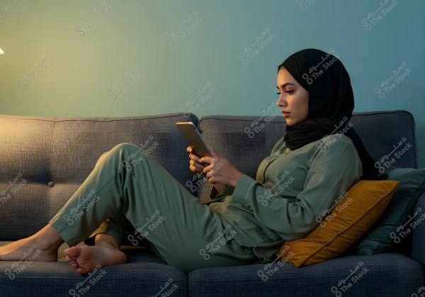 Image of a woman wearing a black hijab and green loungewear, sitting on a grey sofa with a yellow pillow. She is focused on a mobile phone in her hand in a cozy, softly-lit home environment.