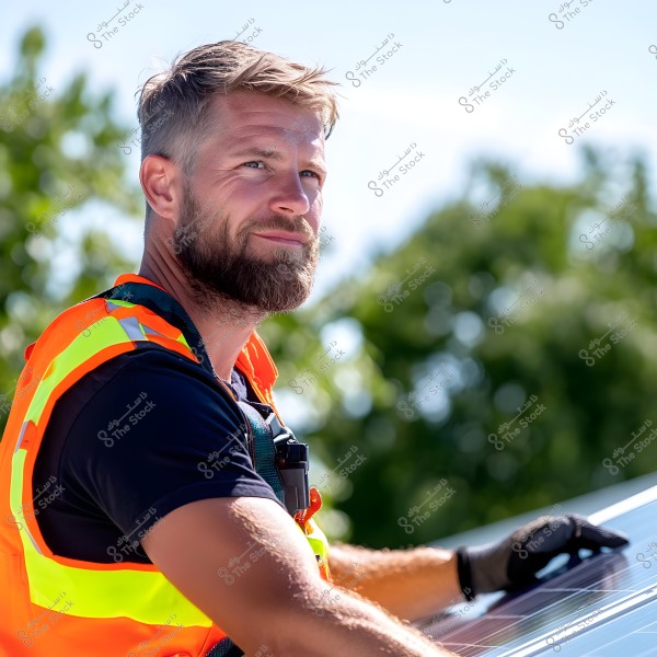 Image of a man wearing a bright orange safety vest working on a roof equipped with solar panels. The man appears focused on the installation, wearing protective gloves. In the background, green trees and a clear blue sky are visible.