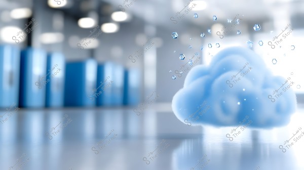 A 3D blue cloud in the center of a modern room with soft lighting and blue shelves in the background. There are small polygonal shapes surrounding the cloud, giving it a futuristic digital appearance.