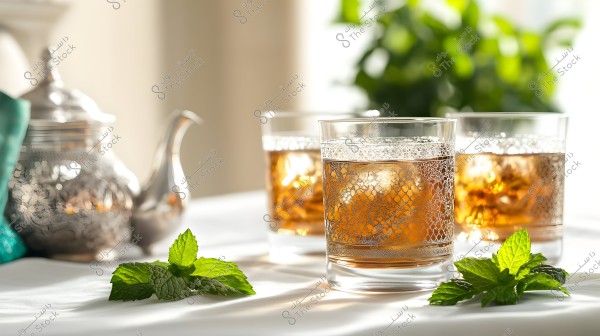 The image features three glass cups containing iced tea with ice cubes, placed on a white cloth. The cups are adorned with intricate patterns. Alongside the cups are fresh green mint leaves. In the background, there is a silver metal teapot with beautiful engravings, and natural light from outside illuminates the scene, with softly blurred green plants in the background.