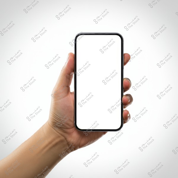 A hand holding a smartphone with a blank white screen against a white background. The fingers and thumb are positioned in a gripping manner, firmly holding the phone.
