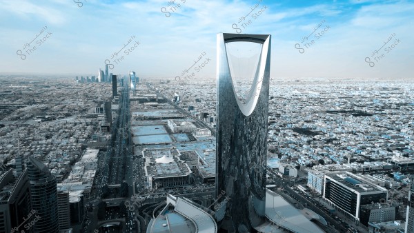 Aerial view of Riyadh city in Saudi Arabia featuring the iconic Kingdom Tower with its modern design and glass facade, surrounded by a cluster of high-rise buildings and busy streets filled with cars. The clear blue sky reflects on the tower\'s surface, while the horizontal lines of the city stretch toward the horizon.