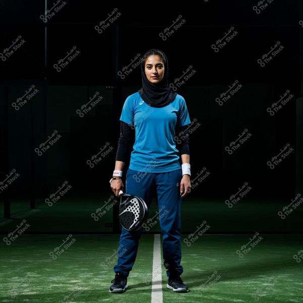 A sports portrait of a woman standing on a court illuminated with overhead lights, wearing sports attire including a blue shirt and athletic pants, holding a tennis racket. The woman is also wearing a black hijab and white wristbands. She appears focused and confident, with the court featuring a green surface and a white line in the center.