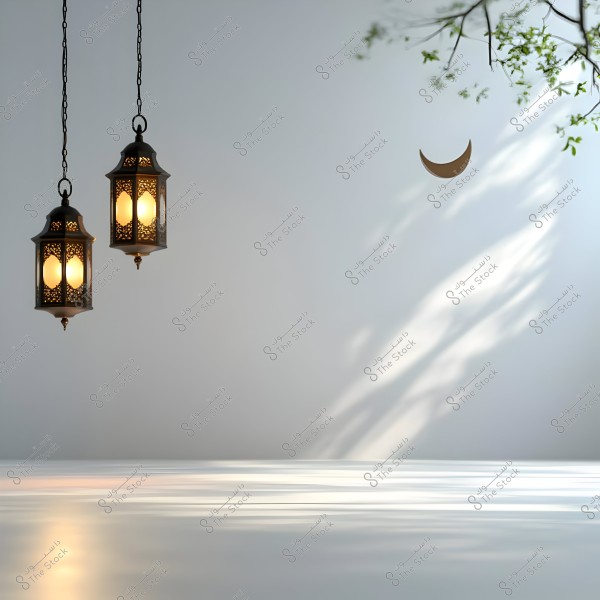 The image depicts two traditional Eastern lanterns hanging and glowing with warm light against a light gray background. In the upper right corner, a tree branch with a few leaves is visible alongside a small crescent moon. Light and shadows create gentle effects on the surface below.