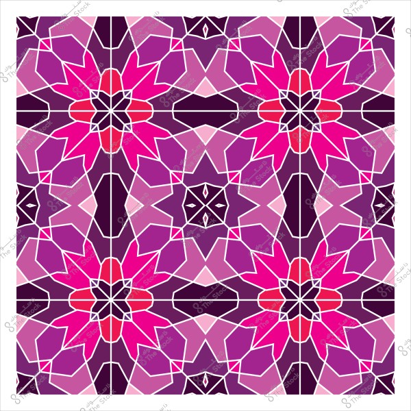 تصميم هندسي متماثل يتميز بألوان زهرية, وردية, وأرجوانية مرتبة في أنماط زهرية وأشكال متعددة الأوجه, تشبه النجوم والزهور.

-