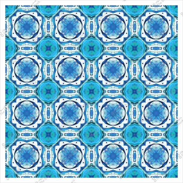A repeated geometric pattern with circular shapes and blue and white decorations.