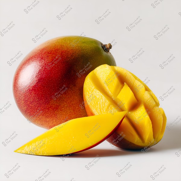 An image of a ripe mango placed on a white surface. The scene includes a whole mango with green and red skin, alongside sliced mango pieces arranged next to it, displaying its vibrant yellow color.