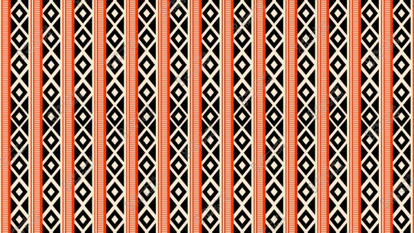 نمط هندسي تقليدي يمثل تصميم قماش مستوحى من الثقافة البدوية. النمط يتكون من خطوط عمودية بألوان الأسود والأبيض والأحمر مع تشكيلات ماسية داخلية, مما يعكس الطابع التقليدي لثقافة الشرق الأوسط.