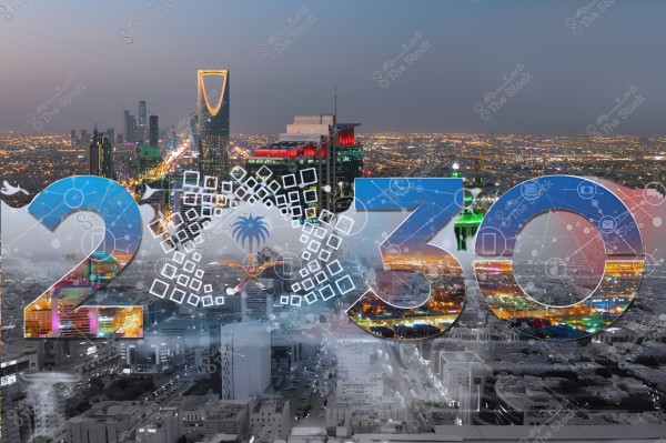An image representing Saudi Vision 2030 with a nighttime view of Riyadh city in the background. The city lights and landmarks such as the Kingdom Tower are visible, and the numbers \"2030\" are prominently featured with graphic elements symbolizing technology and progress.