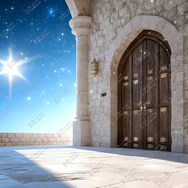 Image of a large, ornate wooden door set within a massive stone wall, featuring a pointed arch and columns on either side. The bright blue sky is studded with sparkling stars, with a bright light shining down onto the stone terrace floor.