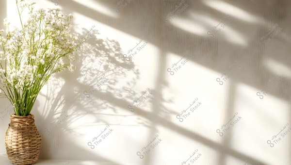 A woven bamboo vase holds tall white flowers placed against a light-colored wall. The shadows of the flowers are cast on the wall due to the light coming from an external source, creating a beautiful artistic pattern.