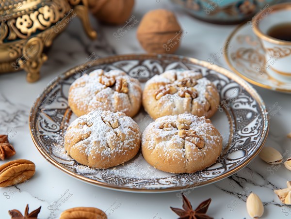 The image shows four pieces of traditional Arabic cookies topped with walnuts and dusted with powdered sugar, placed on an ornate plate with golden designs. In the background, there is a similarly styled serving ware and a small ornate Arabic coffee cup. Ingredients like walnuts and star anise are scattered on the white marble table.