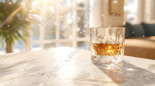 A decorative glass tumbler containing a brown beverage with ice cubes on a sunlit tabletop. In the background, bright sunlight creates a bokeh effect with some sparkling particles and foliage.