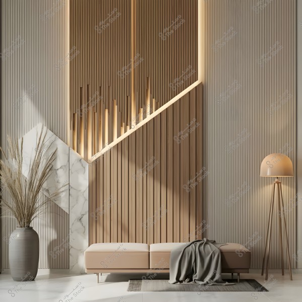 Modern interior design of a living room featuring a wall decorated with wooden panels and concealed lighting. The wall also has marble inlays. There is a beige sofa draped with grey fabric. On the right, a floor lamp with a dome-shaped shade, and on the left, a large vase containing dry plants.