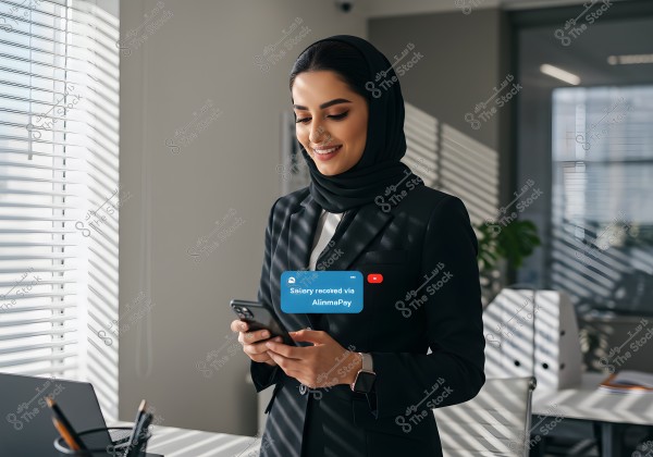 A woman wearing a hijab and a dark formal suit is standing in a modern office. She is holding a mobile phone and smiling while looking at the screen. A notification on the phone indicates a salary received via a digital wallet app. Sunlight streams in through a window with blinds, casting shadows across the desk and surroundings.