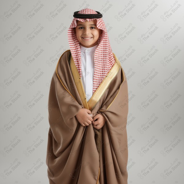 A child wearing Mishlah, traditional saudi clothing, a thobe, National Day, Founding Day, through artificial intelligence.