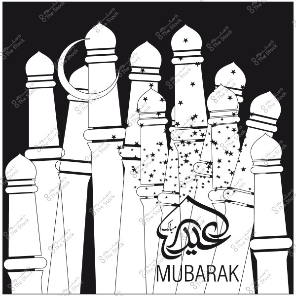 Black and white design featuring several minarets with a crescent and the words \"Eid Mubarak\" in Arabic and English.