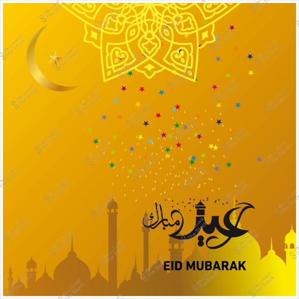 تصميم يهنئ بمناسبة عيد مبارك مع هلال زخرفي ونجوم ملونة في الخلفية الصفراء.