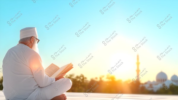 A man is sitting in an open area wearing a white robe and a white cap. He is shown reading an open book on his lap. In the background, there is a natural landscape with a mosque featuring domes and a minaret, and the bright sun is on the horizon.