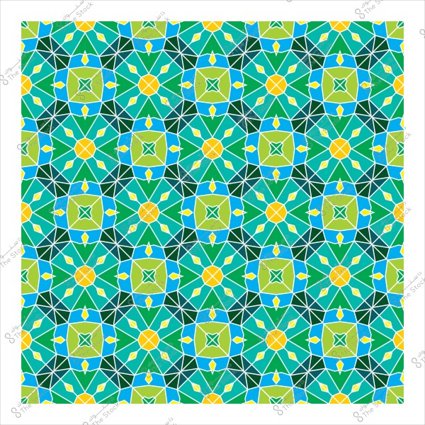 نمط هندسي متكرر بألوان زرقاء وخضراء وصفراء مستوحى من الزخارف الإسلامية. يظهر التصميم بأشكال هندسية تتداخل مع بعضها البعض داخل إطار مربع.

-