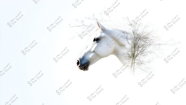 The image shows the head of a white horse blending with an image of a tree, creating a beautiful effect between the animal and nature. The background is a simple white, giving the image a calm and distinctive appearance.