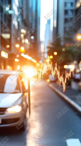 A busy city street with a white car on the left. The city lights sparkle in the background, and a glowing chart indicator in the foreground suggests economic or business activity. The sky is bright, conveying a sense of bustling activity and prosperity.