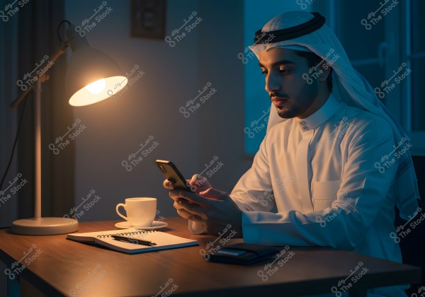 An image of a man sitting at a desk at night using his smartphone. The man is wearing a white thobe and a head cover, indicative of Gulf Arab clothing. On the desk, there is a lit lamp, a notebook, a pen, and a coffee cup. The room is dimly lit, creating a calm atmosphere.